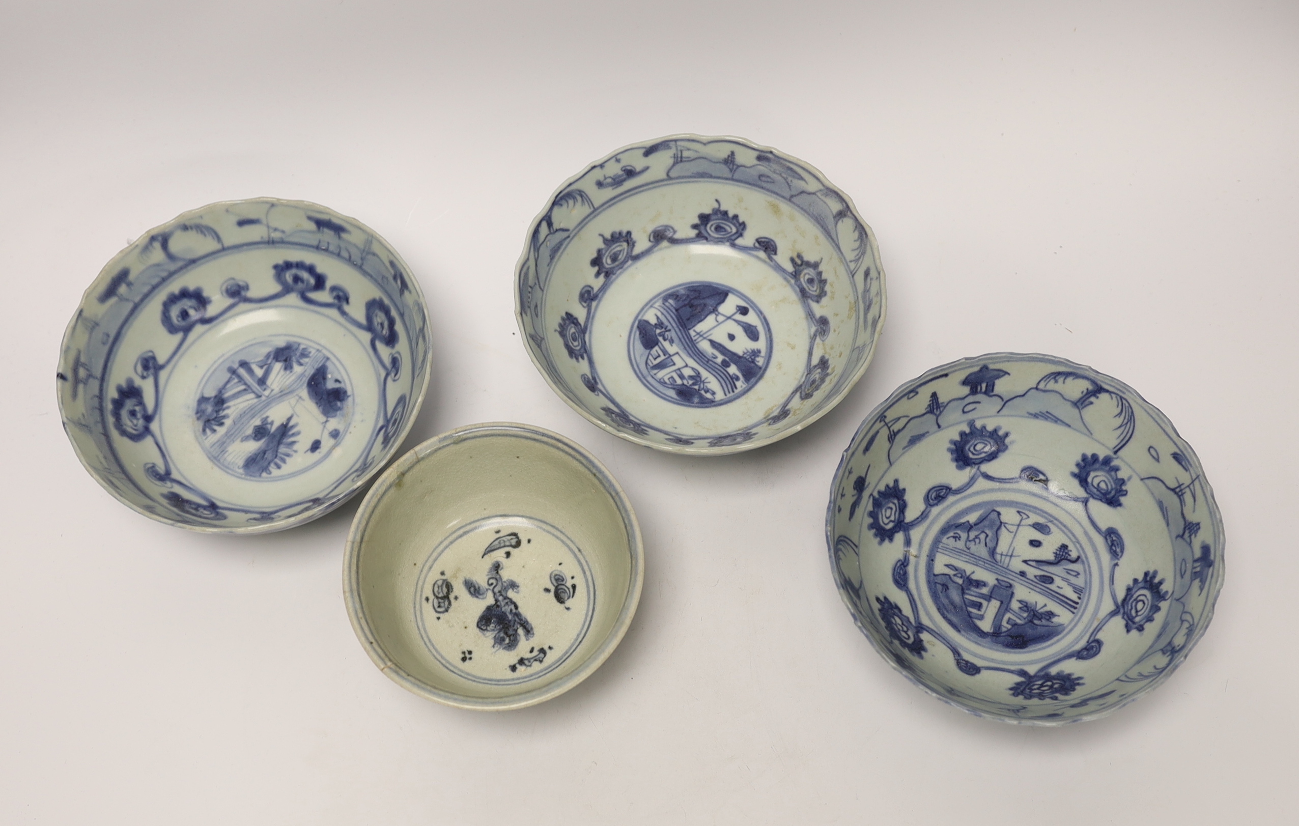 Four 16th/17th century Chinese Ming blue and white bowls, the three larger bowls from the Hatcher collection, Christie’s Amsterdam, 12–13 June 1984, largest 16cm in diameter